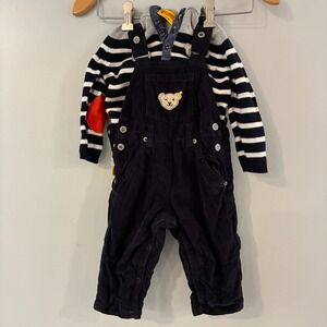 Steiff Outfit 9M Navy Striped Hooded Sweater Corduroy Overalls Bear Nautical